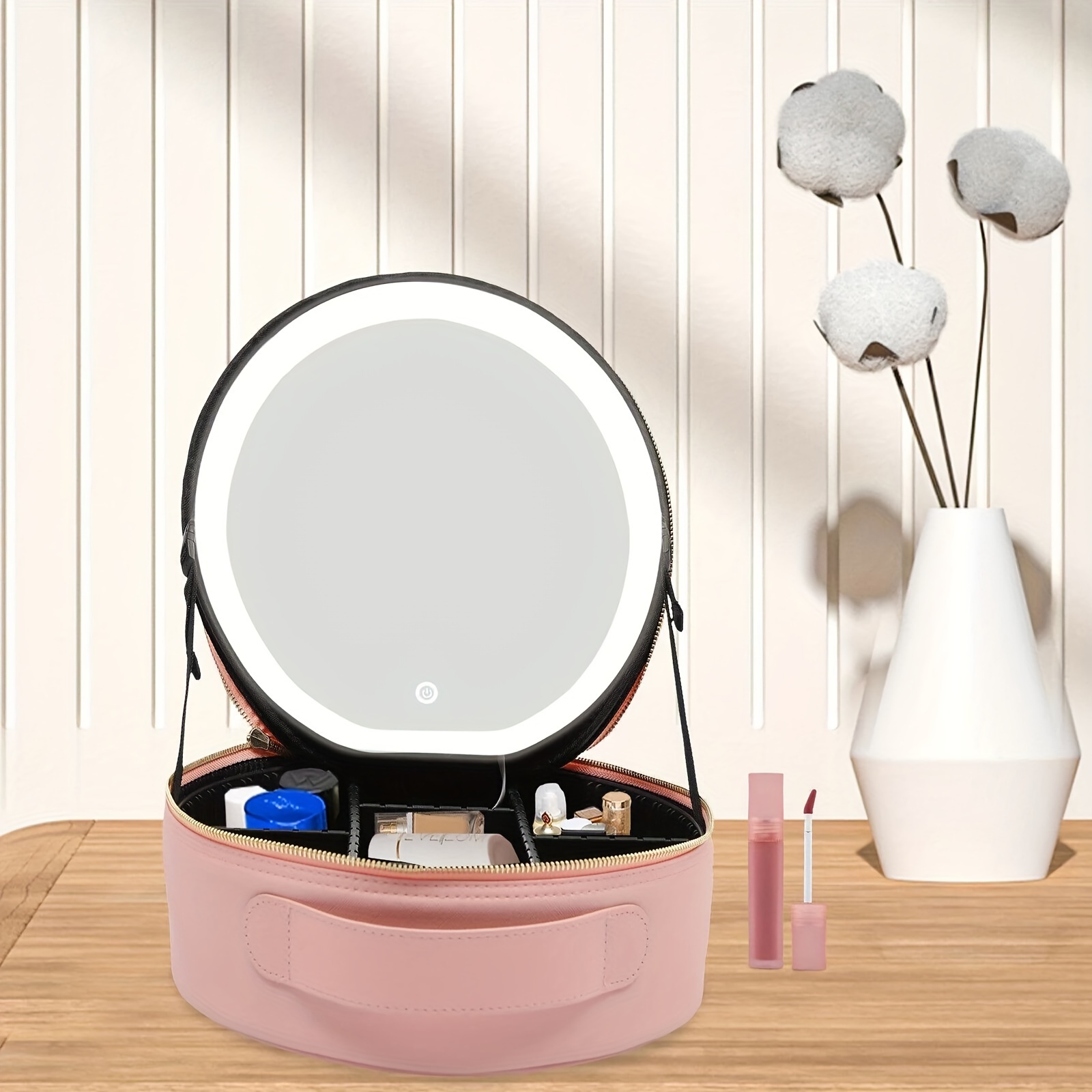 

Makeup Bag Cosmetic Case Round Cosmetic Case Portable Travel Makeup Train Case , Cosmetic Case With Mirror With Light, Adjustable Dividers