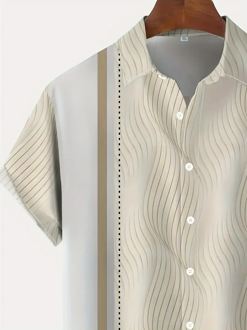 mens geometric striped short sleeve lapel shirt top casual button up shirt for summer and vacation resorts details 4