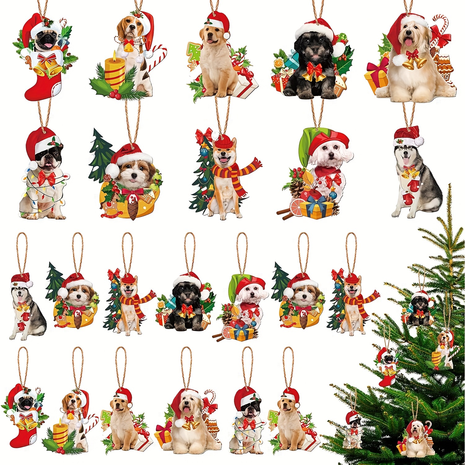 

20pcs, Dog Christmas Tree Ornament, Wood, Xmas Decorations Funny Lovers Gift Hanging Decoration Assorted Holiday For Party