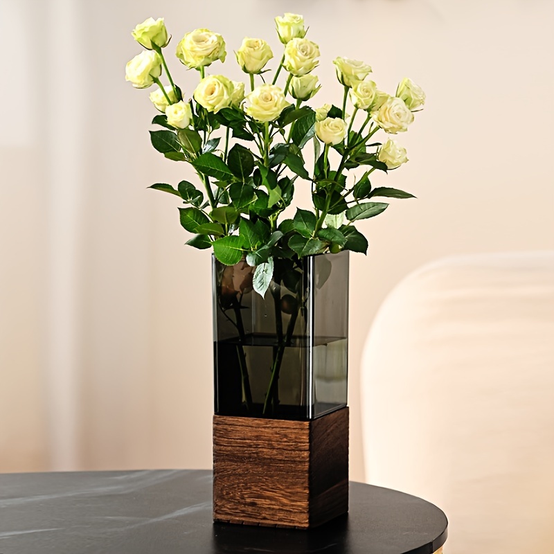 

Elegant -style Acrylic Vase With Wooden Base - Living Room Decor & Floral Arrangements, Ideal Gift For Christmas, Thanksgiving & More