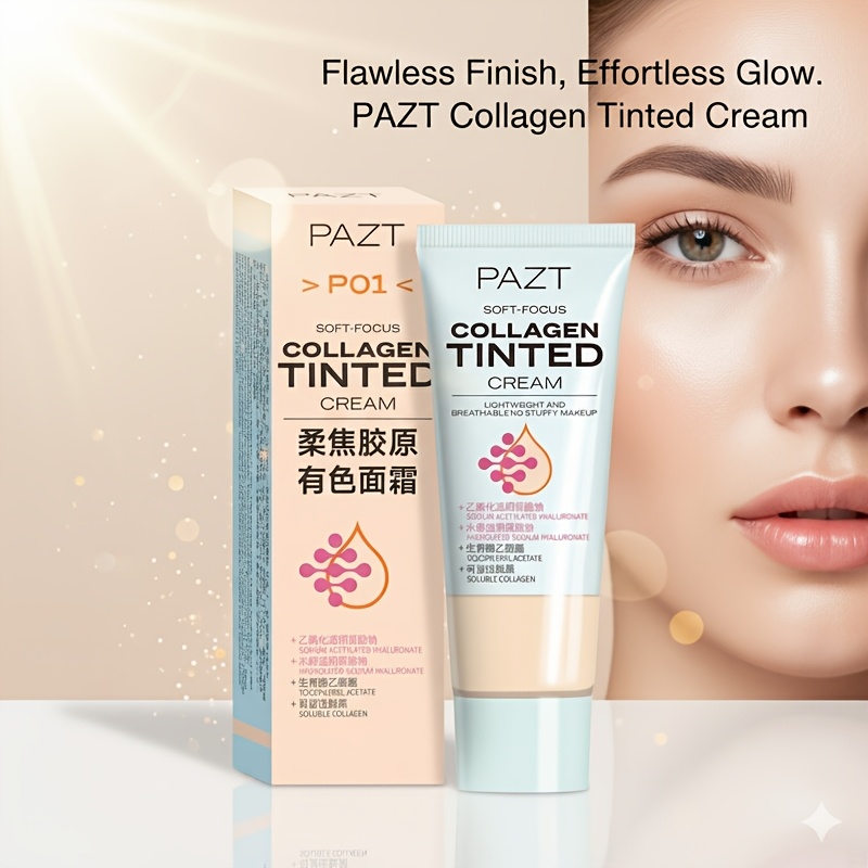 The PAZT Soft-Focus Collagen Tinted Cream Combines The Functions of a Moisturizer, Primer, And Foundation. It Contains Precious Collagen And Moisturizing Essence, Instantly Concealing Pores And Imperfections, Evening
