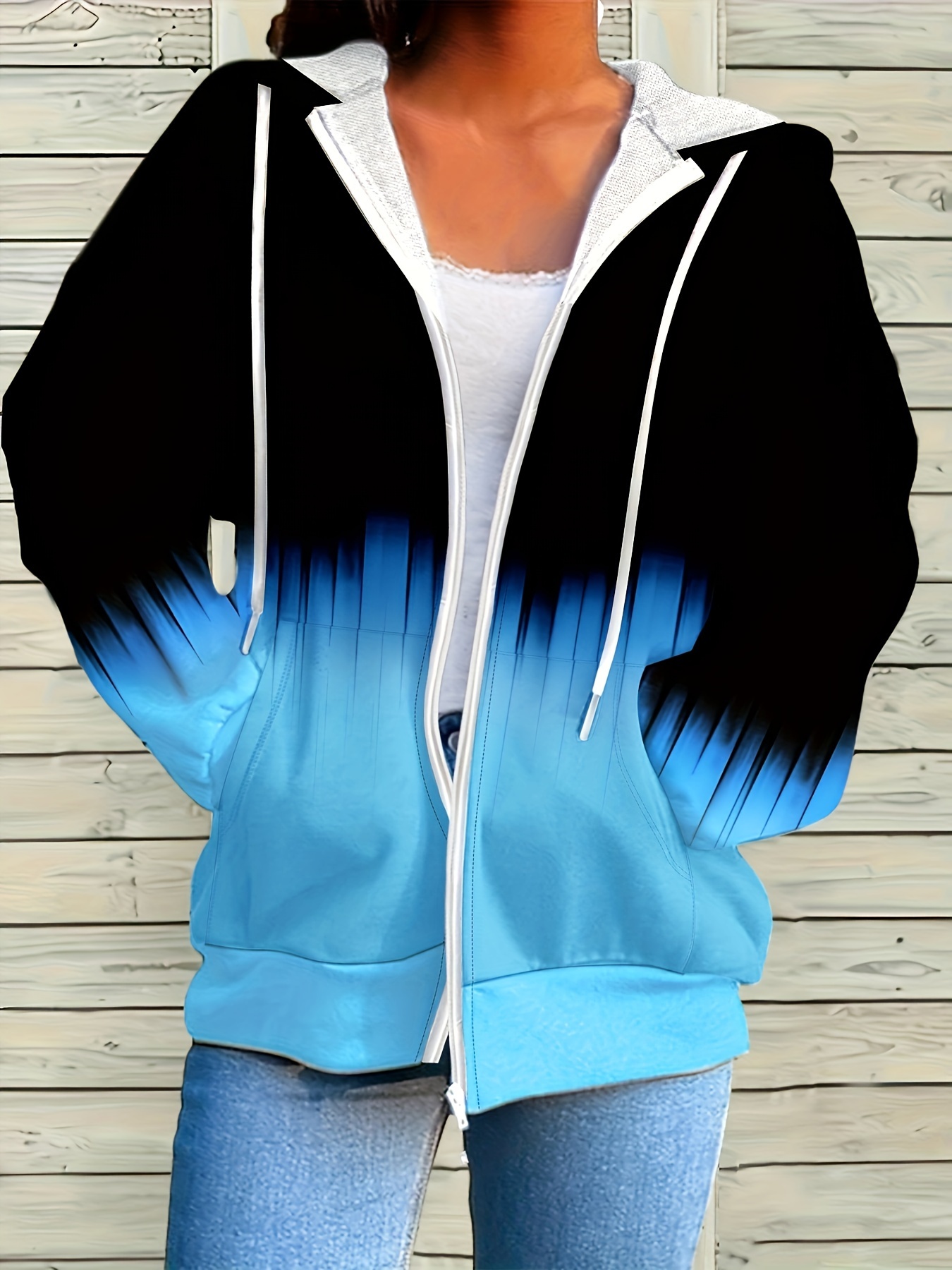 Durable Build, Women's Plus Size Ombre Zip-Up Hoodie Casual Long Sleeve  with Drawstring, Gradient Blue to Black, Polyester Blend, Machine Washable,