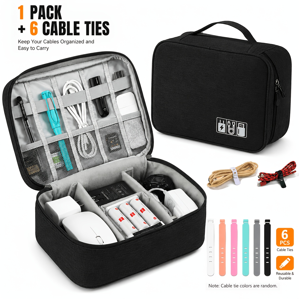 TEMU 1pc Electronic Cable Organizer Travel Set, Includes 6 Random Color Cable Ties, Double-layer Tech Accessories Storage Box With Dividers, Mesh