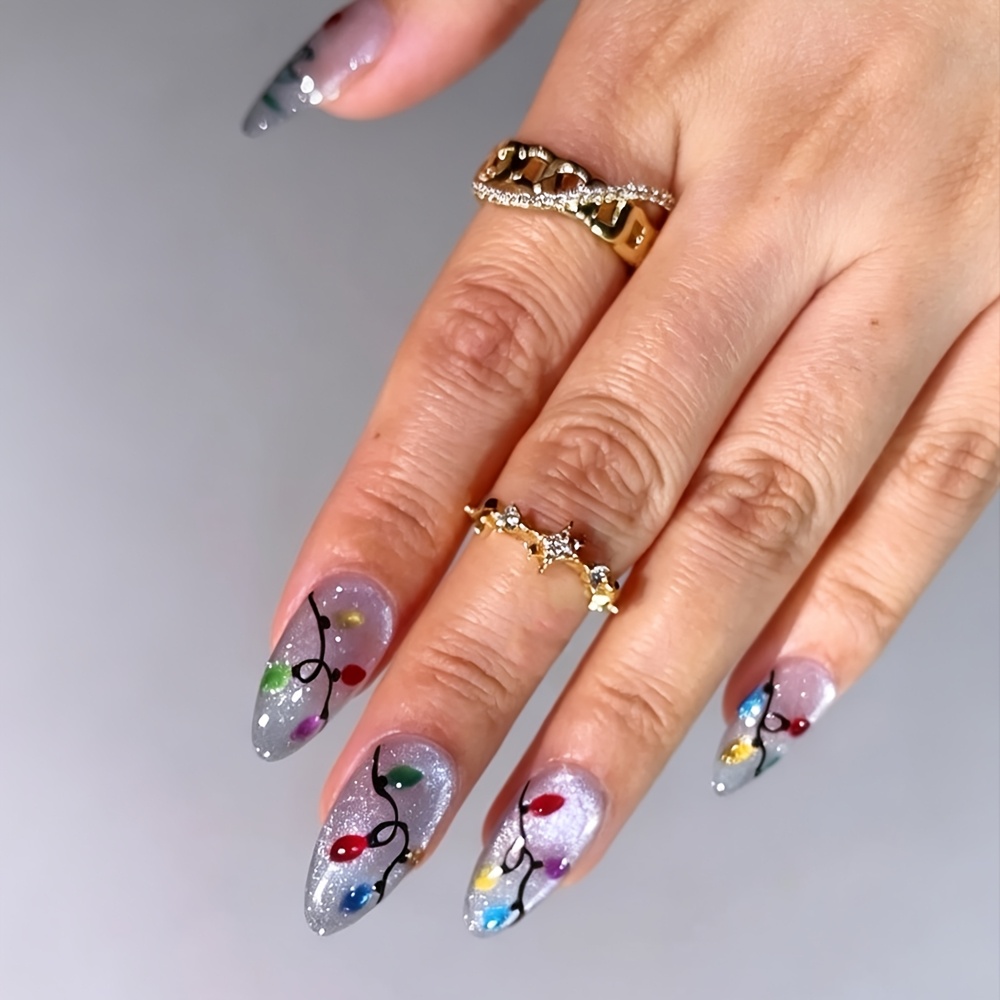 TEMU 30pcs Christmas Colorful String Lights Press On Nails, Glitter Clear Almond Fake Nails, Hand Drawn Bulb Design Reusable False Nail Tips For Xmas