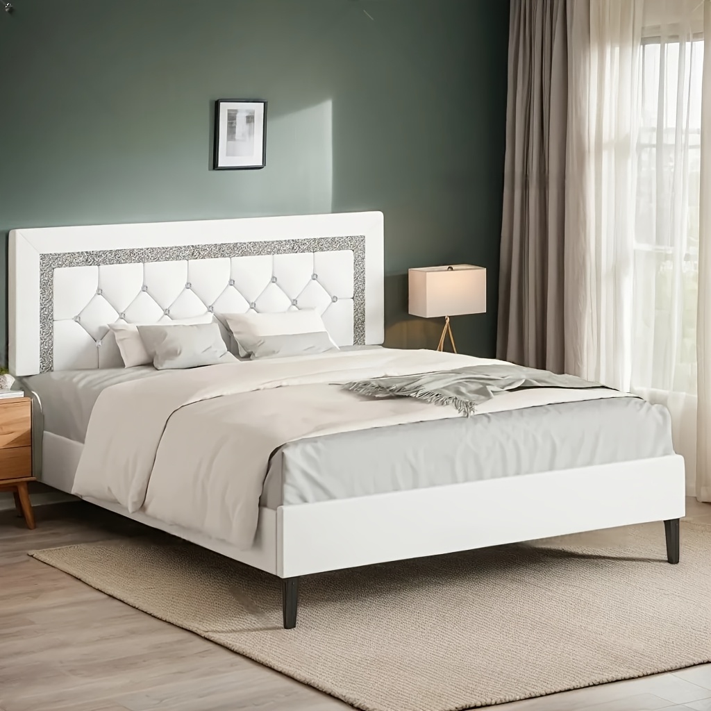 TEMU Twin Full Queen Size Bed Frame, Bed With Diamond Headboard And Footboard, Wooden Slats Support, Spring Needed, Easy Assembly, White, Black, Pink