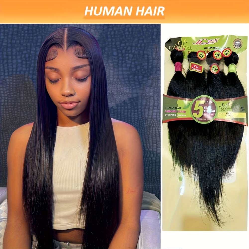 straight human hair bundles 4x4 lace closure one - Temu  display picture 3