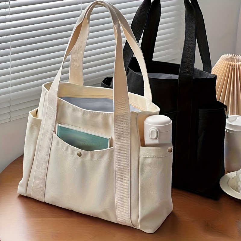 

Literary Canvas Tote Bag, Multi Pockets Shoulder Bag, Casual Handbag For School, Work, Going Out