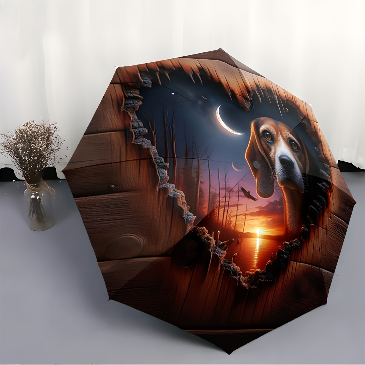 2d flat 1pc pack automatic folding umbrella featuring a beagle dog peeking through a heart shaped cutout with a sunset and   background portable foldable design casual outdoor accessory suitable for   christmas birthday