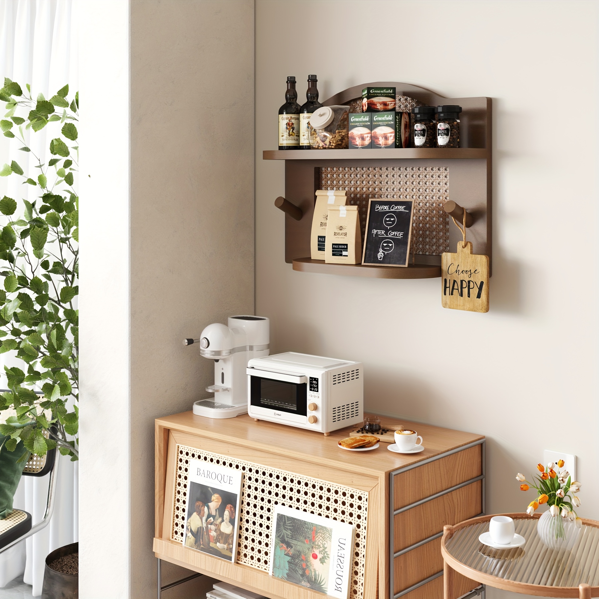 Wood And Rattan Wall Shelf Tier Natural Wicker Shelf for Wall with Wood  Hook, 16' Boho Nursery Floating Shelves Wall Mounted for Decor Storage,