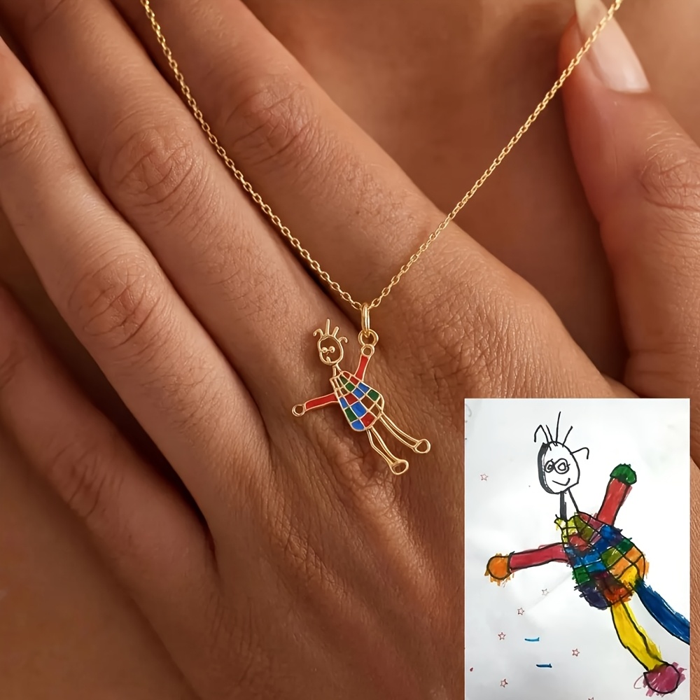TEMU Custom Cute Photo Golden Multicolor Printed Necklace, Personalized Multicolor Doodle Necklace, Easy Cartoon Hand-drawn Pendant, Actual Painting