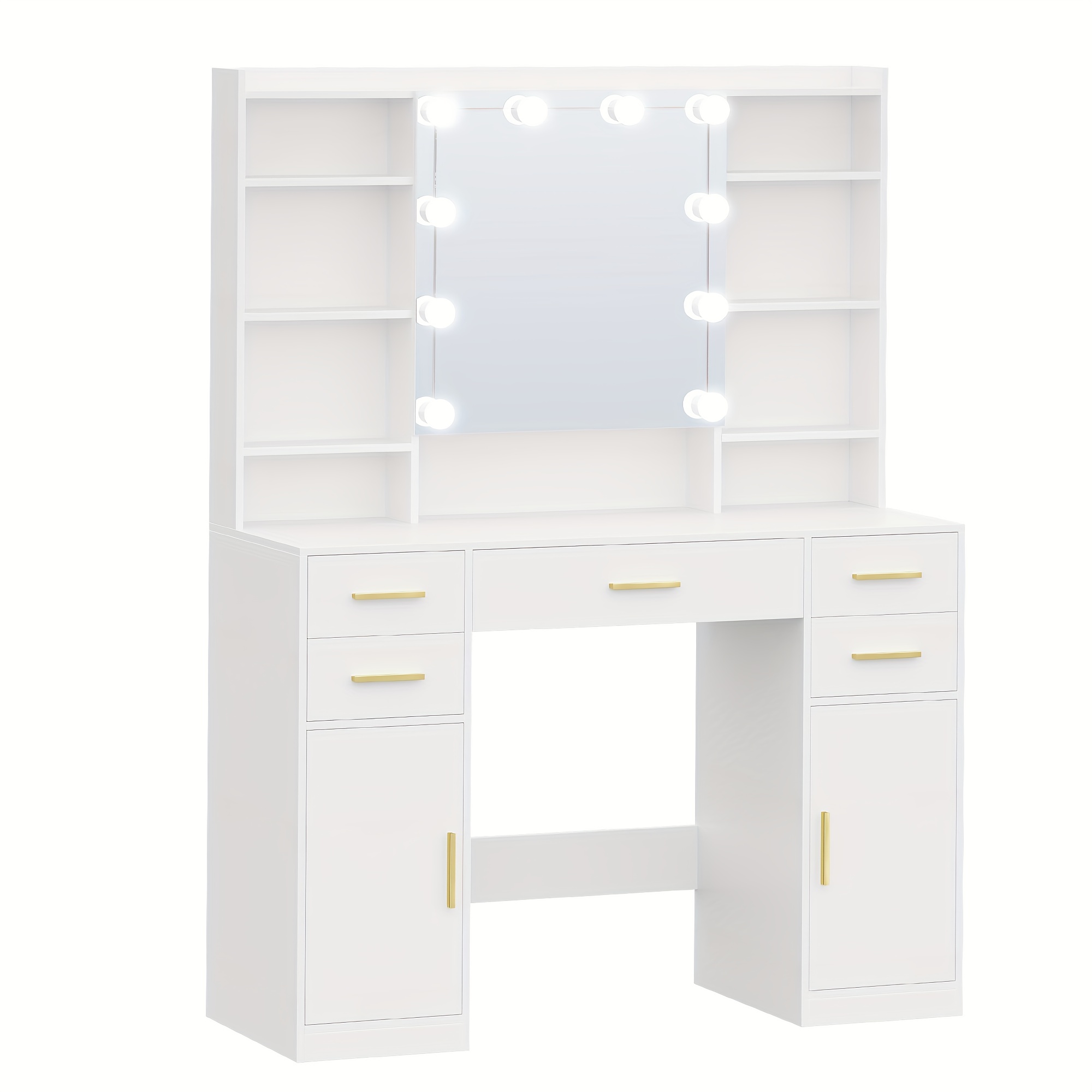 Vanity Desk Featuring A Mirror, Equipped With 5 Drawers, 2 Drawers, And 9 Open Sections, Along With Concealed Shelves, In A White End