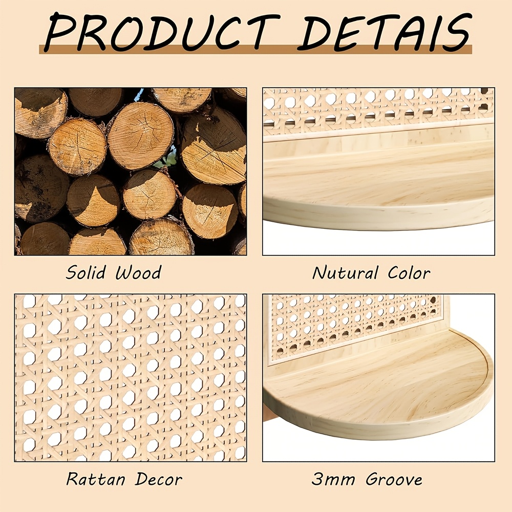 1pc Floating Shelf Natural Rattan Shelf with Wicker Trim Bohemian Wall Decor Niche Unique Design, Floating Shelves