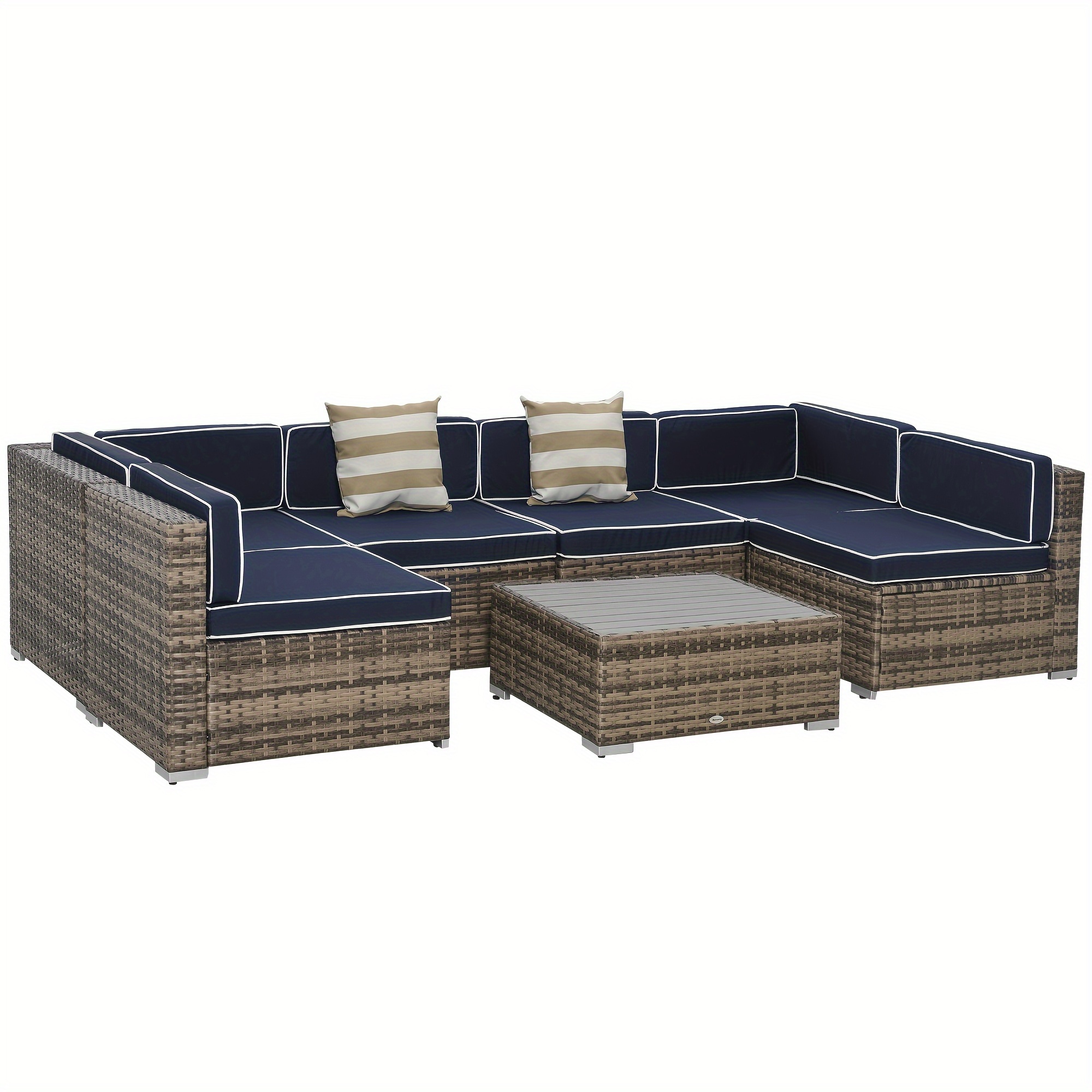 

Outsunny 7-piece Patio Furniture Set, Outdoor Wicker Conversation Set, All Weather Pe Rattan Sectional Sofa Set With Cushions And Faux Wood Table, Stripe Pillows, Blue