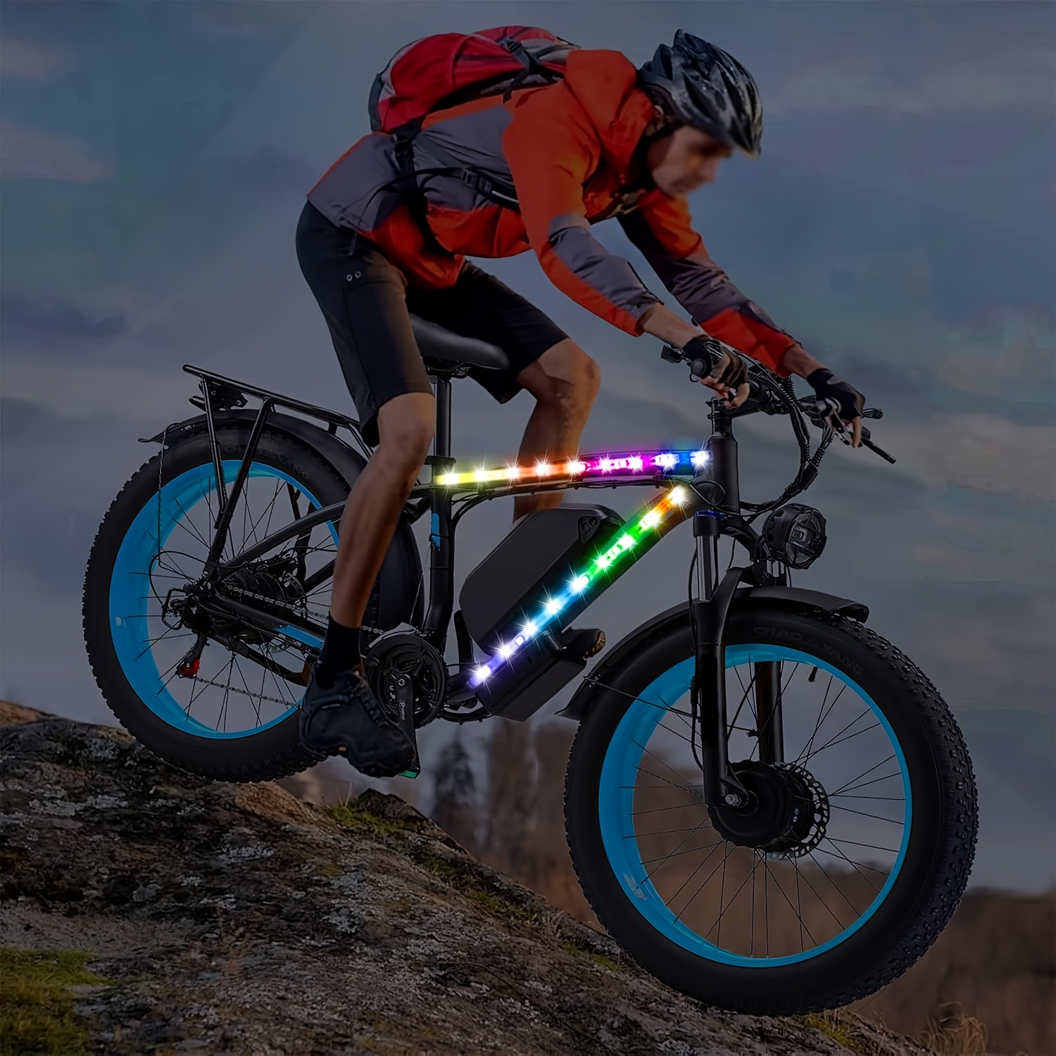Bandă LED RGBIC pentru Bicicletă și Scuter, Lumină de Avertizare de Siguranță Colorată pentru Conducerea de Noapte, Alimentată de Baterii (Bateriile Nu Sunt Incluse), Bandă Tăietoare, Control cu Buton pentru Moduri de Clipire, pentru Diverse Scutere, Biciclete, Decorarea Șasiului, Cadou Ideal pentru