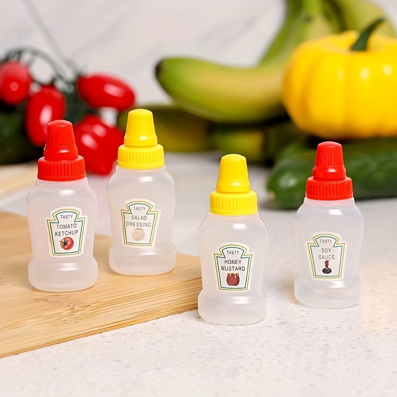 TEMU 4pcs Mini Portable Lunch Box Sauce Bottle - Travel- Condiment Dispensers With Ketchup, Mayonnaise, Mustard And Jam Labels - Picnics And