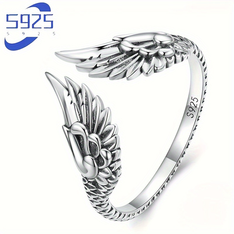 

1pc S925 Sterling Silver Wings Open Ring, Simple Retro Guardian Feather Finger Ring Hand Jewelry