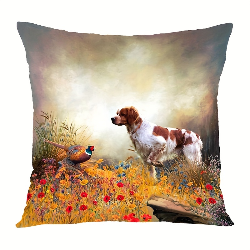 TEMU One, 45.72x45.72 Cm Brittany Spaniel And Bird Hunting Print, Short Plush Pillowcase, , Machine Washable, Mixed Colors, Zipper Closure, Polyester