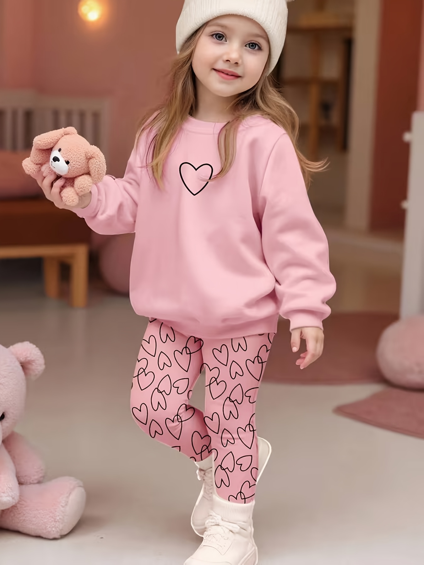 girls fall winter sweatshirt and pants set round neck drop shoulder long sleeve sweatshirt heart print long pants ribbed cuffs design   style suitable for girls fall winter wear ideal for casual sports vacation as a gift va