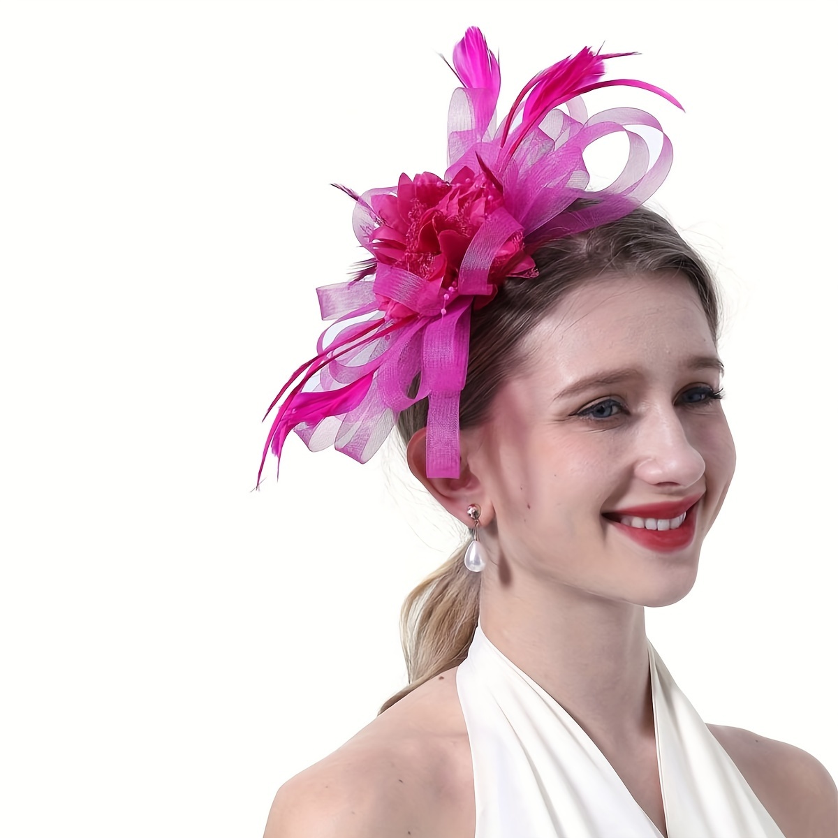 1pc rose red women s mesh flower feather fascinator headband  display picture 3