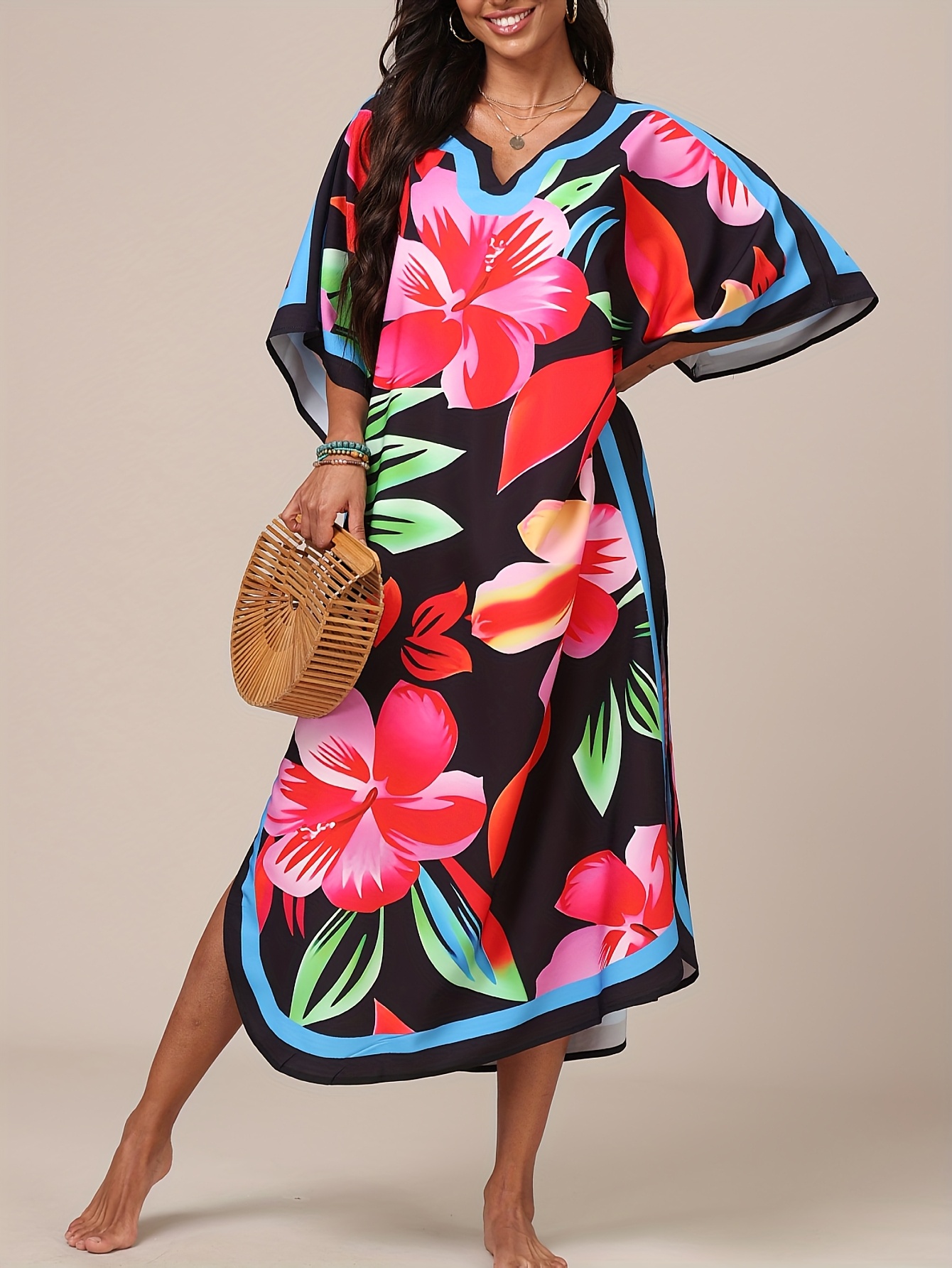 Floral Caftan Dresses For Women Plus Size Beach Cover Up Wave Neck Batwing Sleeve 9694-1