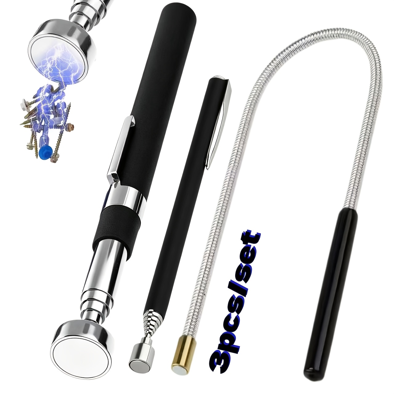 TEMU Ensemble de 3 pièces - Trois styles noirs - Ensemble d'outils de ramassage magnétique - Aimant puissant en , tige magnétique télescopique noire