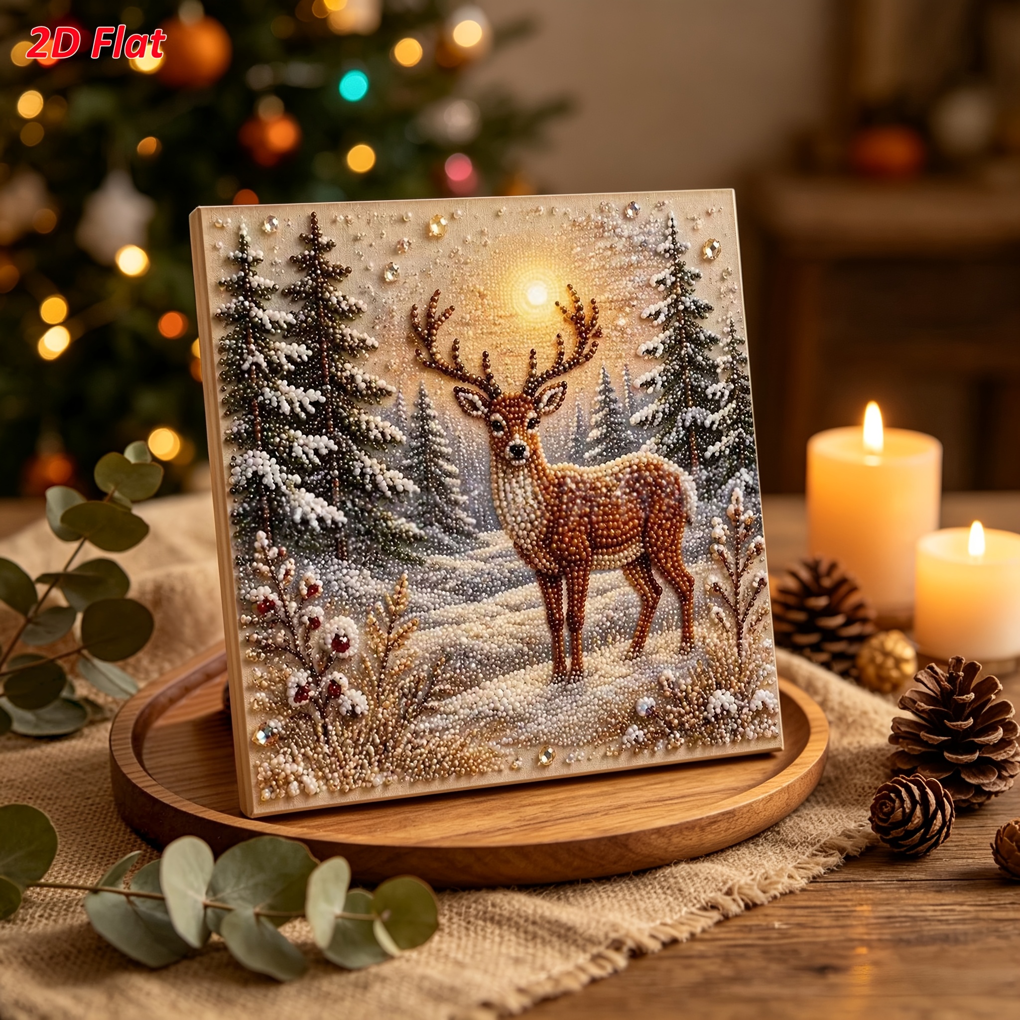 TEMU 2d Flat Frameless Pearl Diamond Painting Kit Reindeer Theme Dual Sizes Pre-printed Canvas Beginner Christmas Style Home Art Decorative Painting