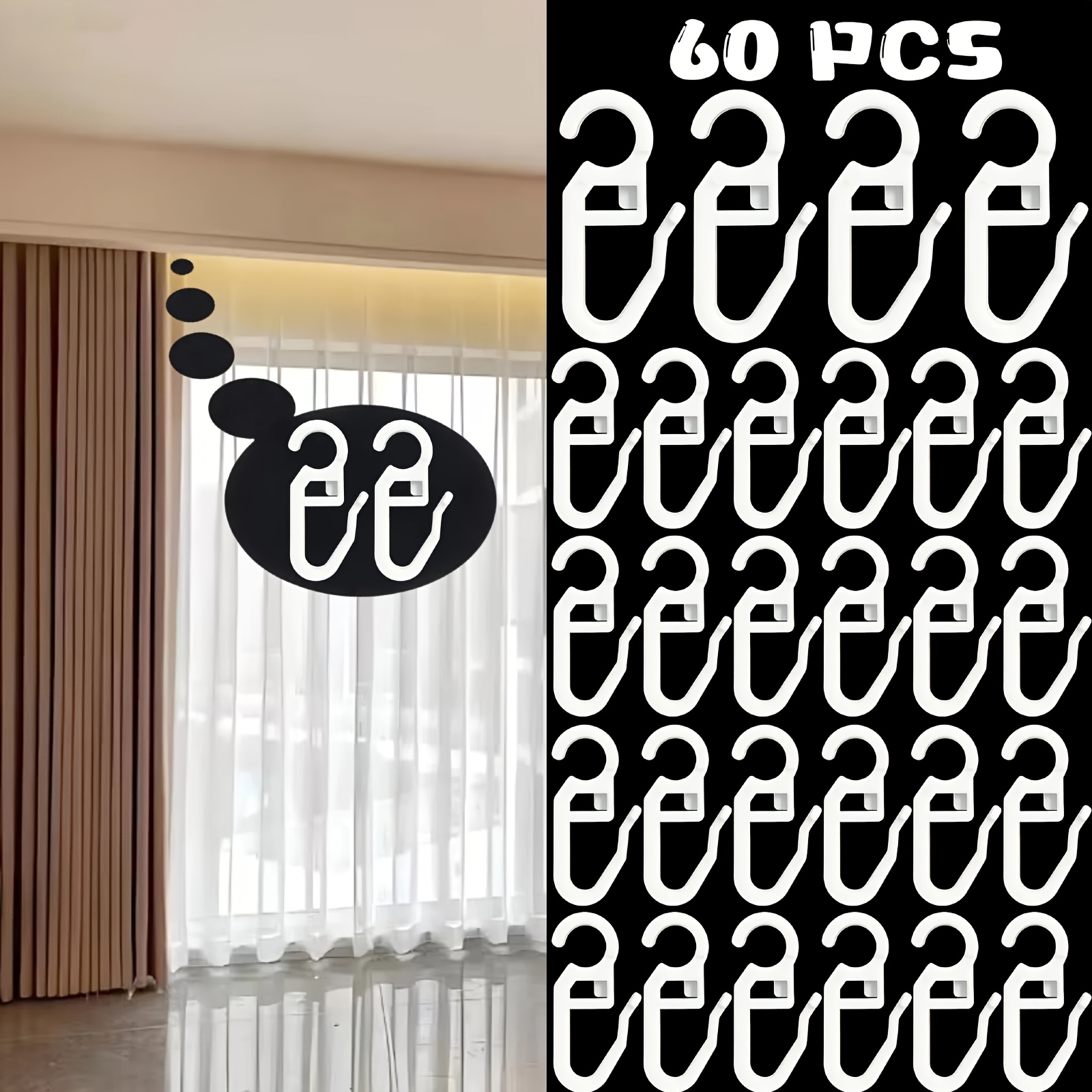 TEMU 60/120pcs White Snap Hooks For Curtains, Curtain Accessories, 1pc Molded Hooks, 1.22" X 0.47" Small Size, Durable Plastic Material, Lightweight,