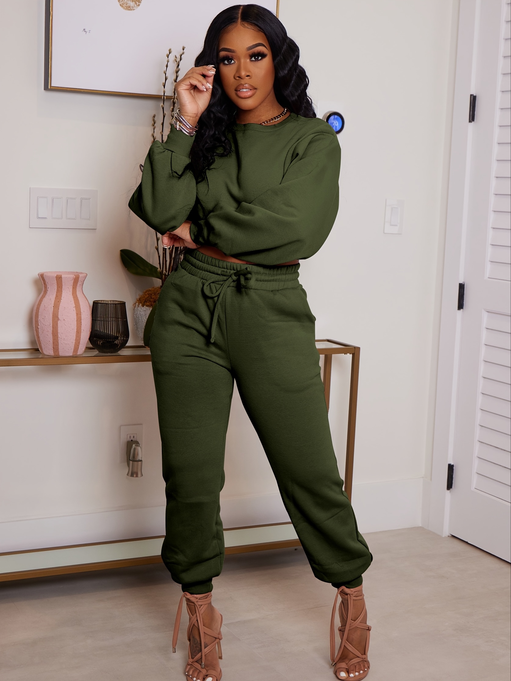 Women 2pcs Outfits Sweatsuits Sets Long Sleeve Crop Top Jogger Sweatpants  Tracksuits Casual Set