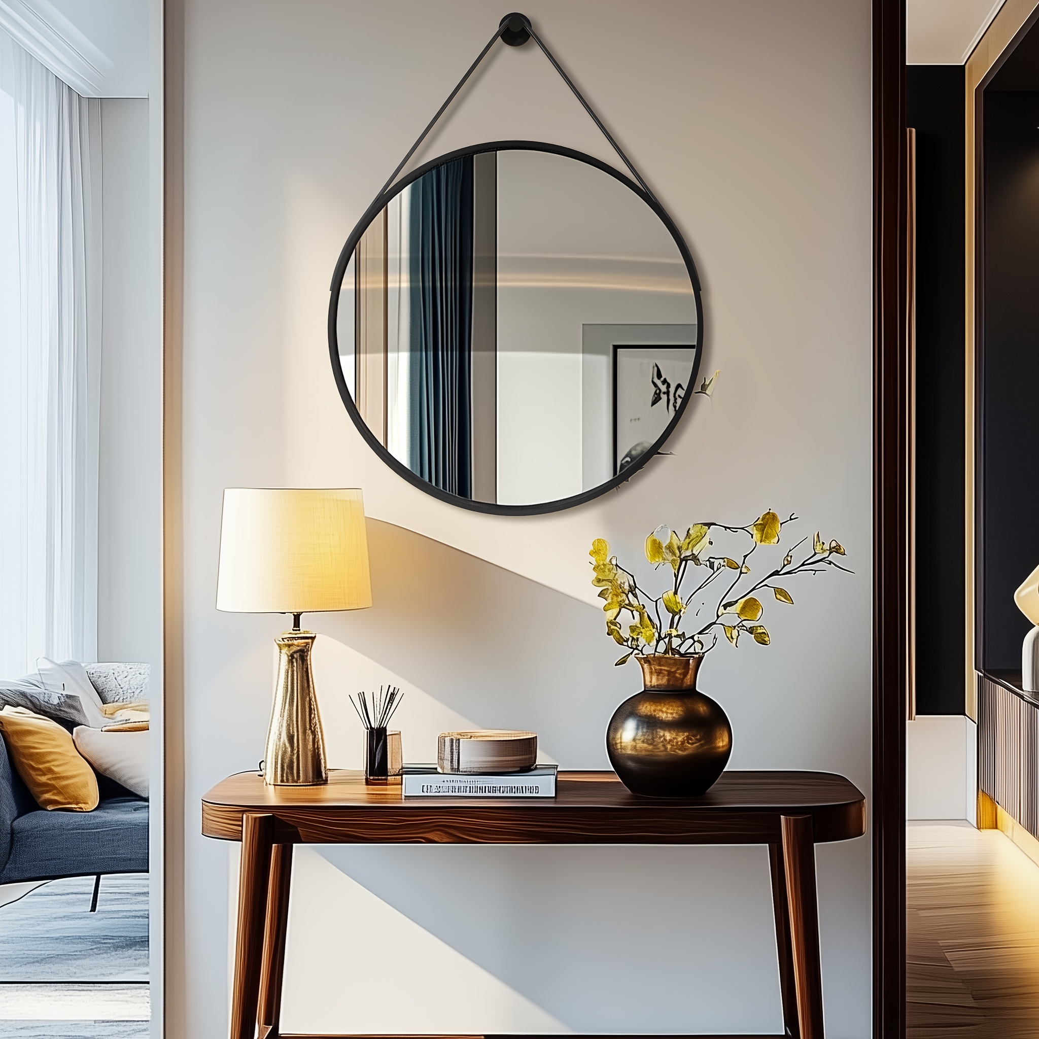 TEMU Black Round Mirror With Leather Strap - 60/70/80cm Modern Hanging Bathroom Mirror, Brushed Aluminum Frame Vanity Mirror, Anti-oxidation And