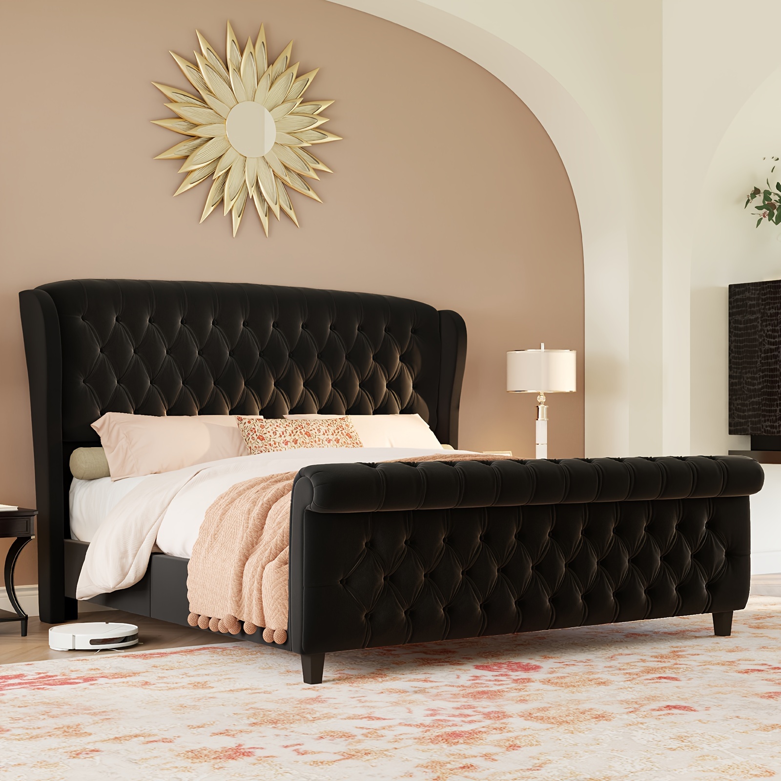 

Platform Bed Frame, Velvet Upholstered Sleigh Bed With Curved Headboard & Footboard, Deep Button Tufted, Wood Slats Support, No Box Spring Needed