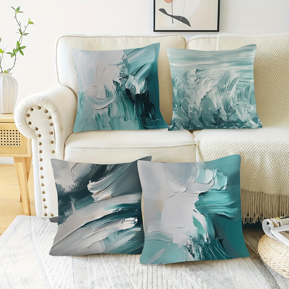 

4pcs Set Abstract Autumn-inspired Throw Pillow Covers - Soft Gray & Deep Teal With Elegant White Accents, Zip Closure, Machine Washable - Living Room, Bedroom, Office Decor - 18x18 Inches