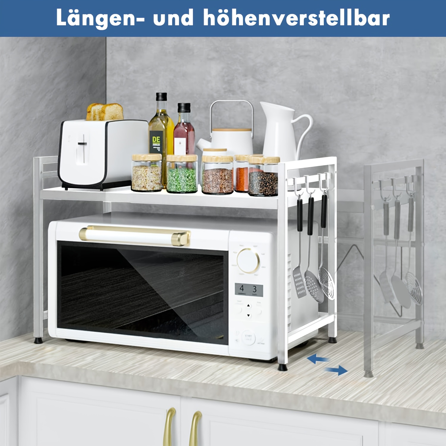 Kitchen Shelf, 40-64cm Extendable Microwave Shelf With 6 Hooks, 32cm/42cm Height-adjustable Microwave Stand, 30kg Load-bearing Microwave Oven Shelf, Microwave Oven Shelf, Spice Rack, Microwave Holder, Kitchen Storage Rack