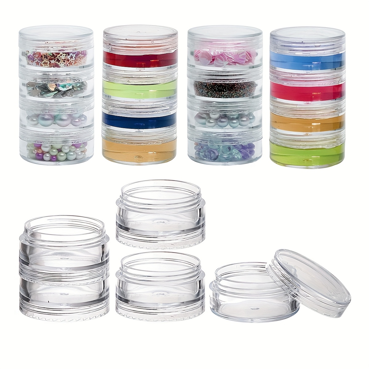 

5 bocaux empilables en plastique transparent à avec couvercles rotatifs, contenants de rangement transparents pour perles et bijoux, accessoires et ensemble d'organisateur de perles