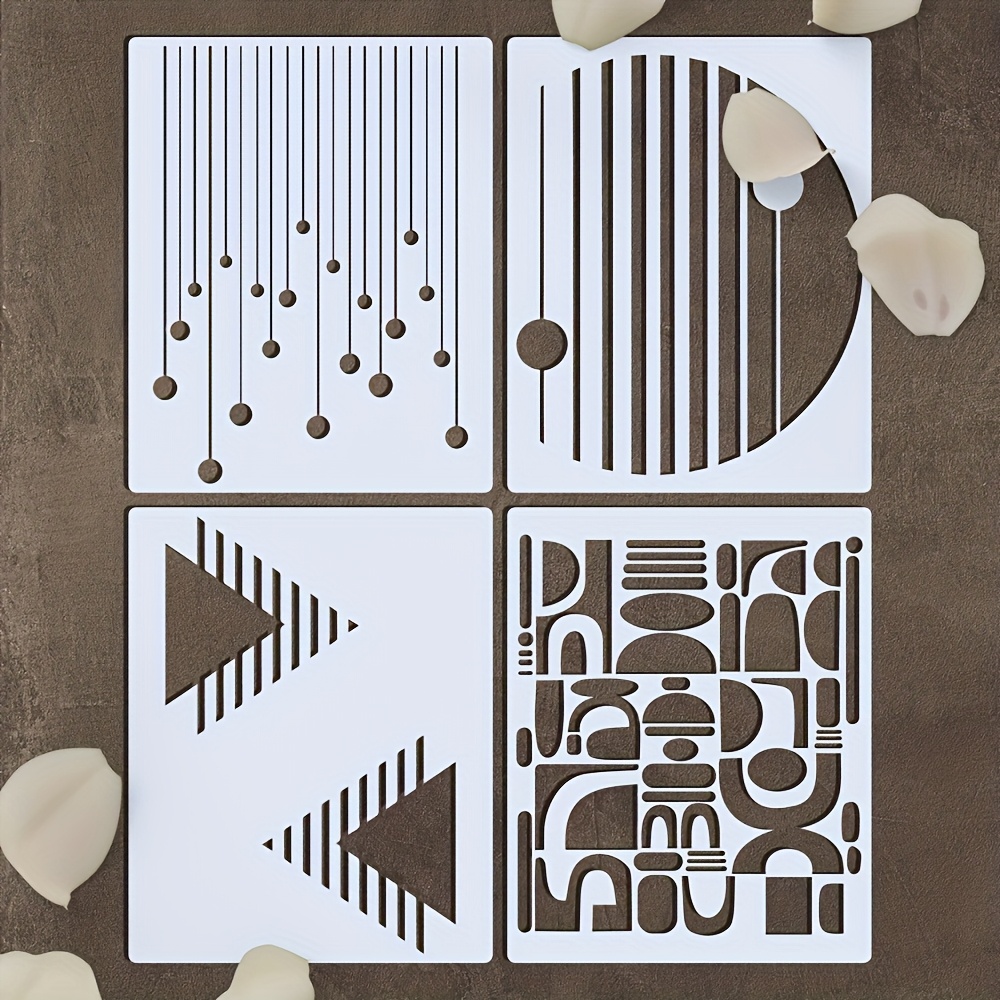 Image of 4pcs Artistic Geometric Stencils, Abstract Designs For Diy Home Decor - Perfect For Furniture, Fabric, Walls, Cards, Signs & Glass