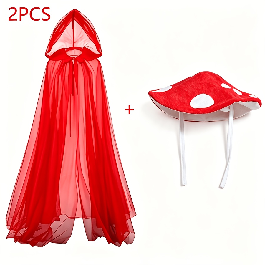 TEMU 2pcs Red Mesh Hooded Cape With Red And White Polka Dot Mushroom Hat Set, Halloween Christmas Party Cosplay Costume Prop, Forest Fairy Tale Photo