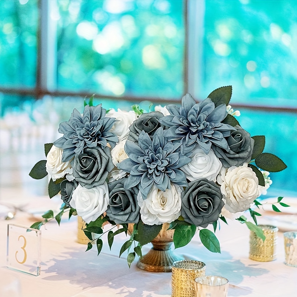 1pc, Artificial Flower Light Blue Rose Flower Set Combination Cake