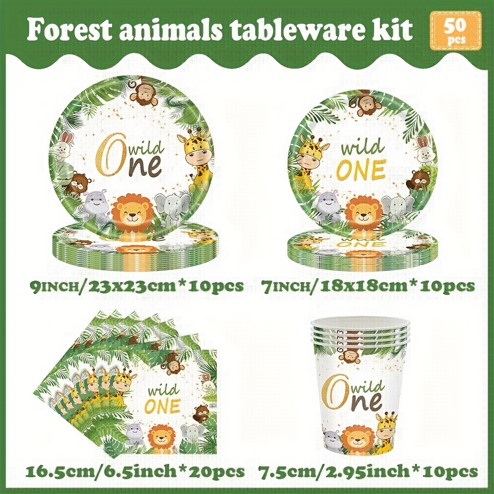 Wild 1 Jungle Animal Party Supplies Set For A Birthday Celebration, Featuring Decorations And Disposable Tableware Including Plates, Napkins, And Cups