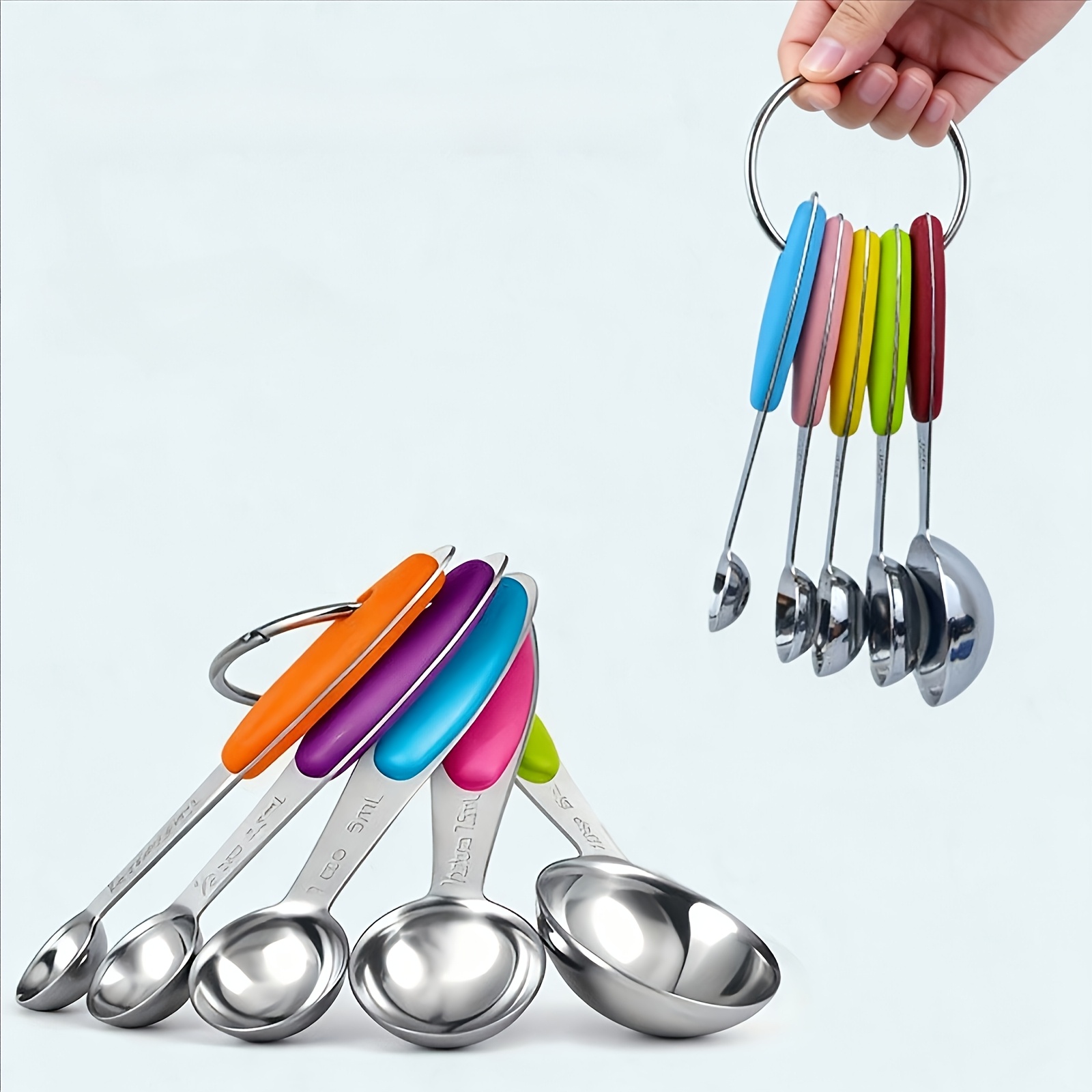 TEMU 5pcs Stainless Steel Measuring Spoon Set With Silicone Handle, Suitable For Cooking And Baking Kitchen Essential, Durable And Dishwasher Safe
