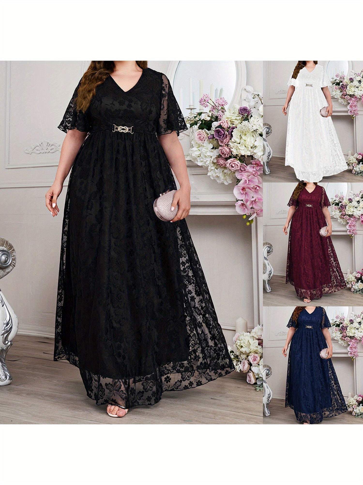 plus size womens elegant floral lace long dress v neck half - Temu