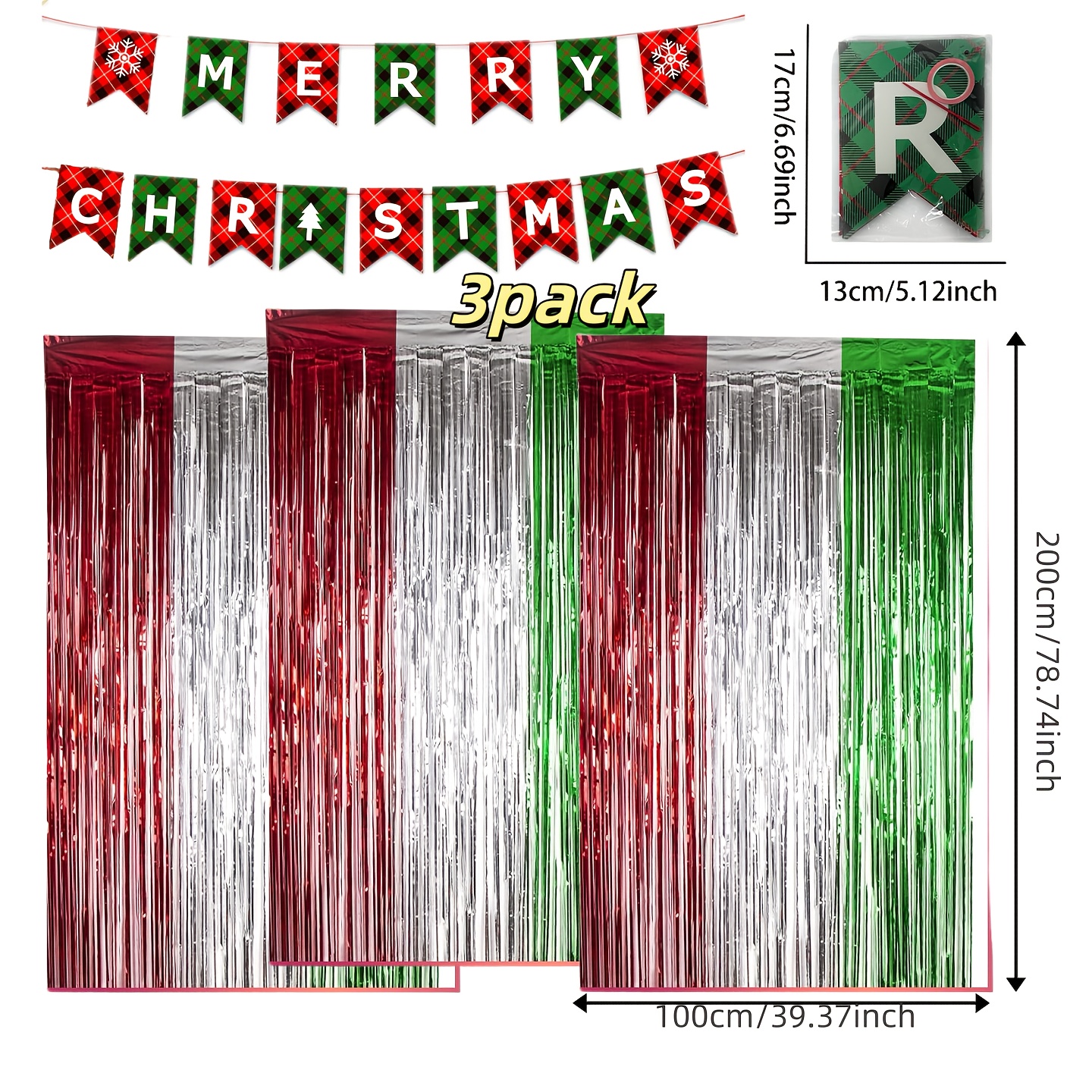 TEMU 4pcs Christmas Party Decorations (3-pack 3.3x6.6ft Foil Fringe Streamers +1 Banner), Red Metallic Tinsel Photo Backdrop For Christmas, New Year,