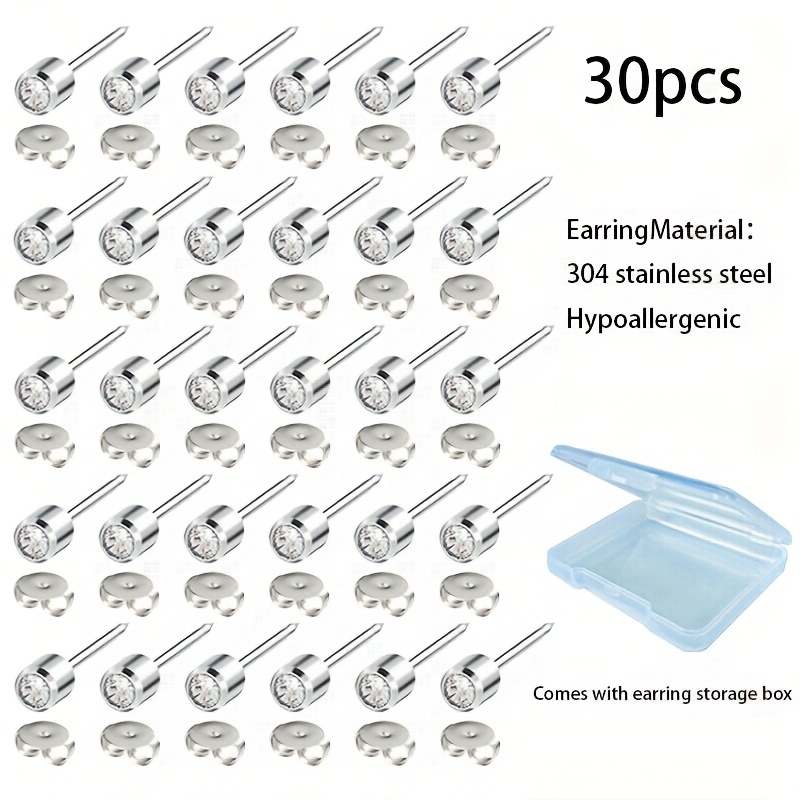 TEMU 10/30pcs Boucles d'Oreilles en Acier Inoxydable de 4mm, avec Incrustation de Strass, Adaptées pour Perçage ou Tenue Décontractée