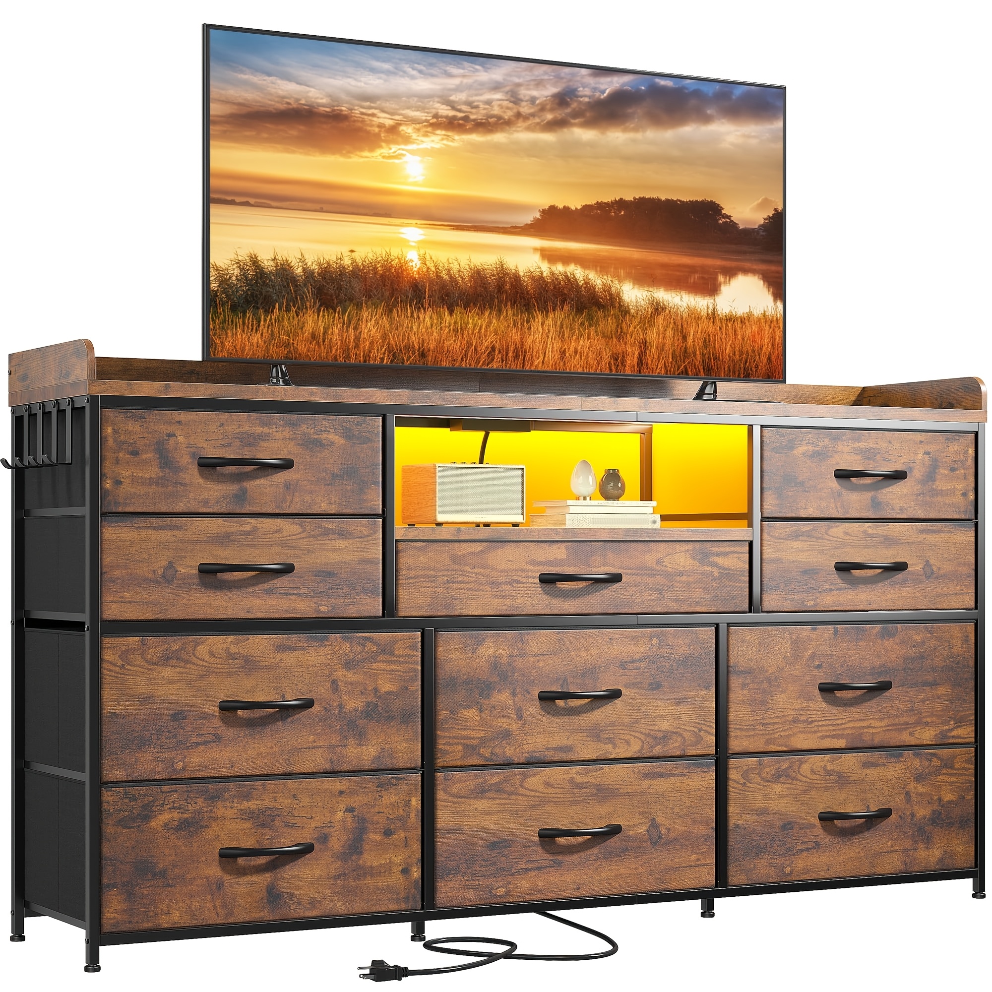 A Long Dresser Designed for a 60" TV, Featuring 11 Drawers, LED Lights, Power Outlets, Shelves, And 4 Hooks. It Has a Robust Metal Frame And a Thick Wooden Top, Finished in Rustic Brown.