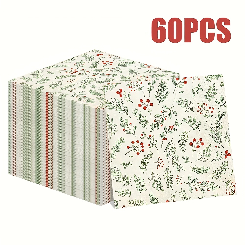 TEMU 60 pièces Serviettes Jetables à Imprimé Feuille de Sapin de Noël, Idéales pour Fêtes de Noël ou Restaurants, 13*13 pouces
