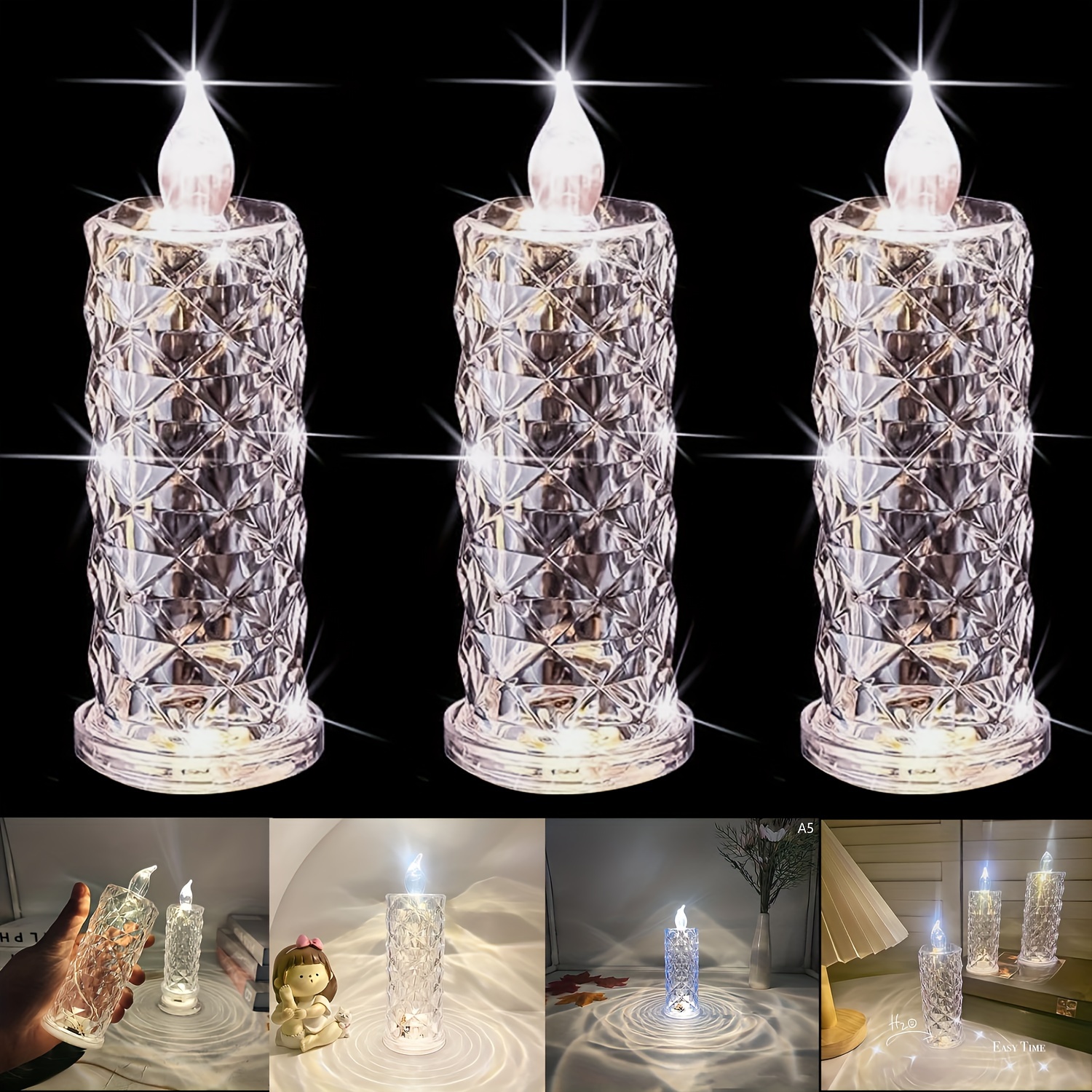 TEMU 3/6/9/12 Rose Imitation Crystal Table Lamps, Candle Lights, Imitation , Battery-operated, Smokeless Atmosphere Lamps, Acrylic Diamond Bedside