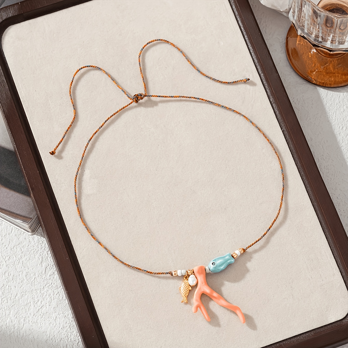TEMU 1pc Women's Fashion Pendant Necklace, Bohemian Coral Ceramic Fish Decorative Hand-braided Necklace, Seaside Vacation Beach Festival Jewelry