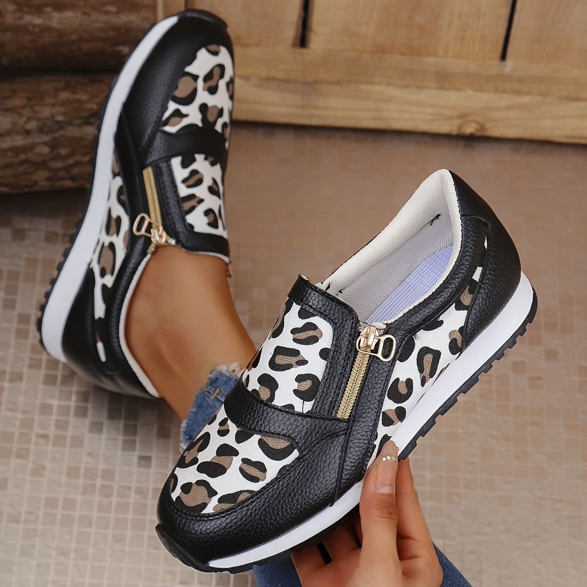 pair womens leopard print fashion sneakers comfortable low