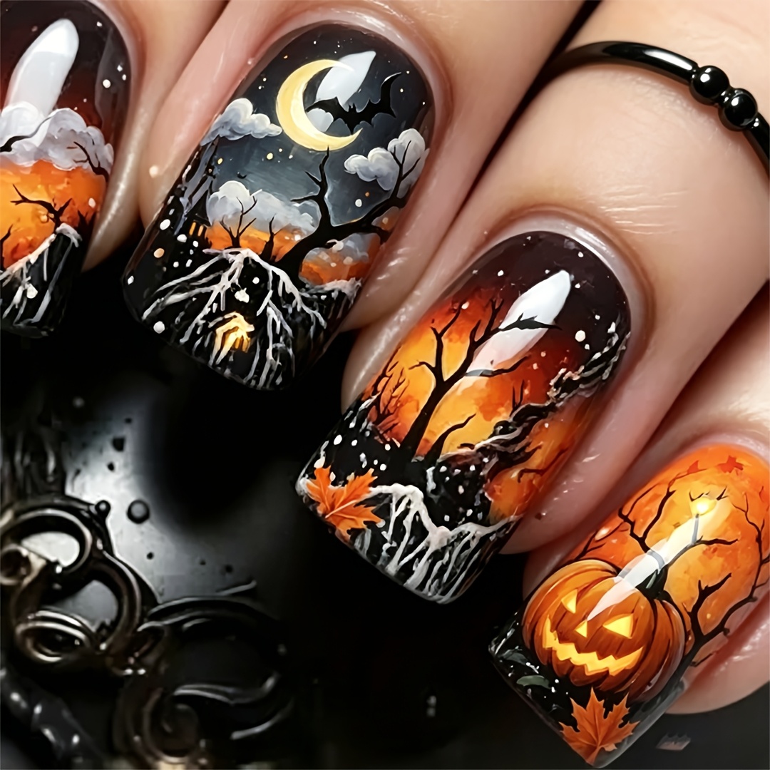 TEMU 24pcs For Halloween Press-on Nails, Spooky Night Scenery Design Fake Nails, Dark Orange Gradient False Nails With Pumpkin, Bat, Moon, Print,