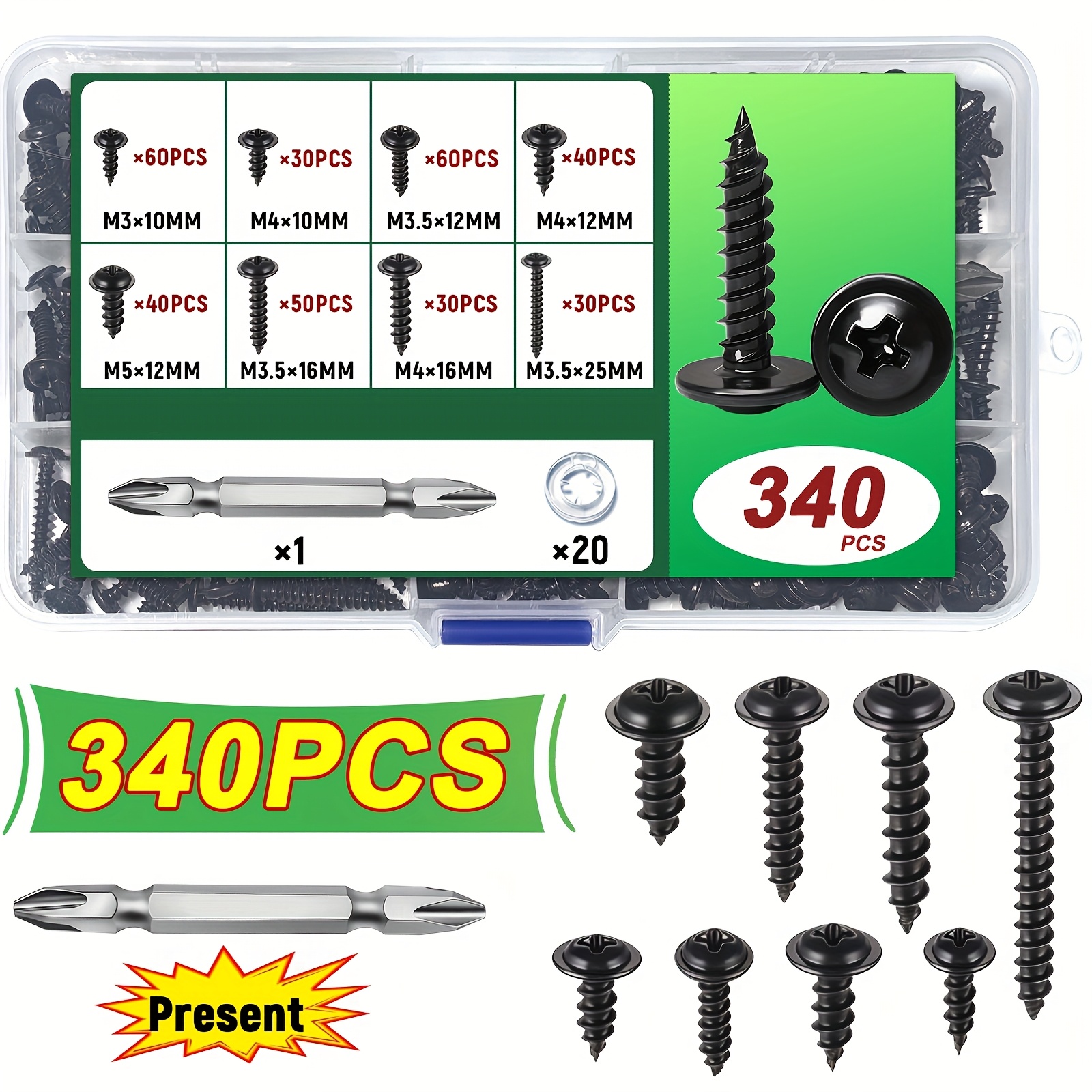 TEMU Set Of 340 Self-tapping Screws In Sizes M3, M4, M3.5, And M5, Featuring A Round Head With A Cross Design. Comes With A Screwdriver Bit And