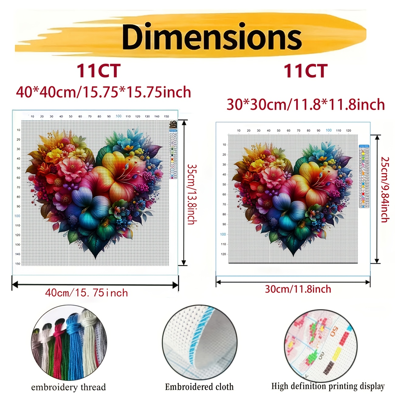 Cross Stitch Printed Kit, Frameless Colorful Flowers Heart Design