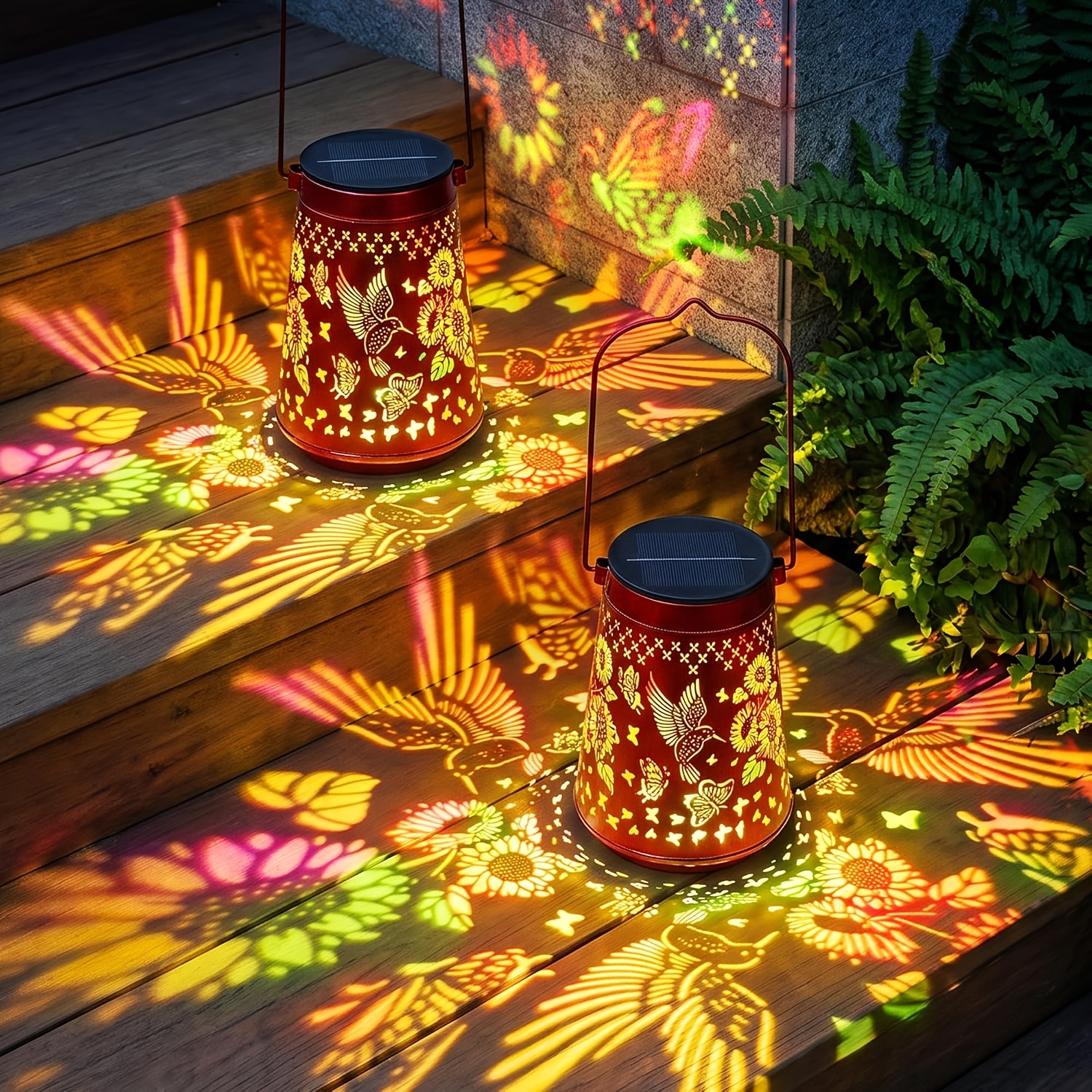 Image of 1/2 Pack Colorful Hummingbird Solar Lanterns Outdoor, Hummingbird & Sunflower & Patterns, Metal Hanging Lights For Patio & Yard, Garden Decor Gifts For Women, Mom & Grandma